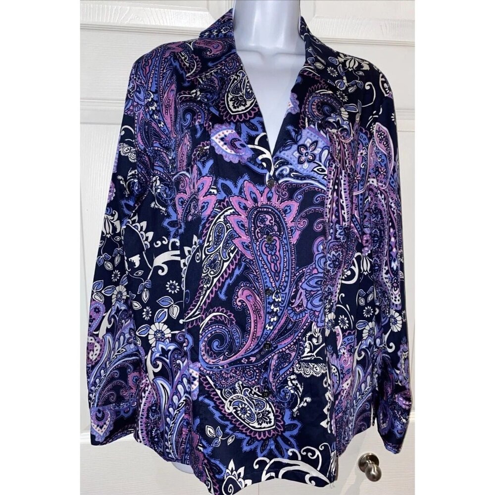 Jones New York Signature Women Navy Purple Paisley Blouse Top Plus Size 2X